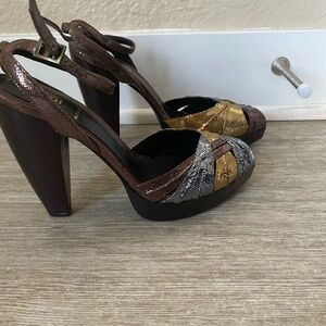 Fendi Brown, Gold & Silver Platform Peep-Toe Sandals